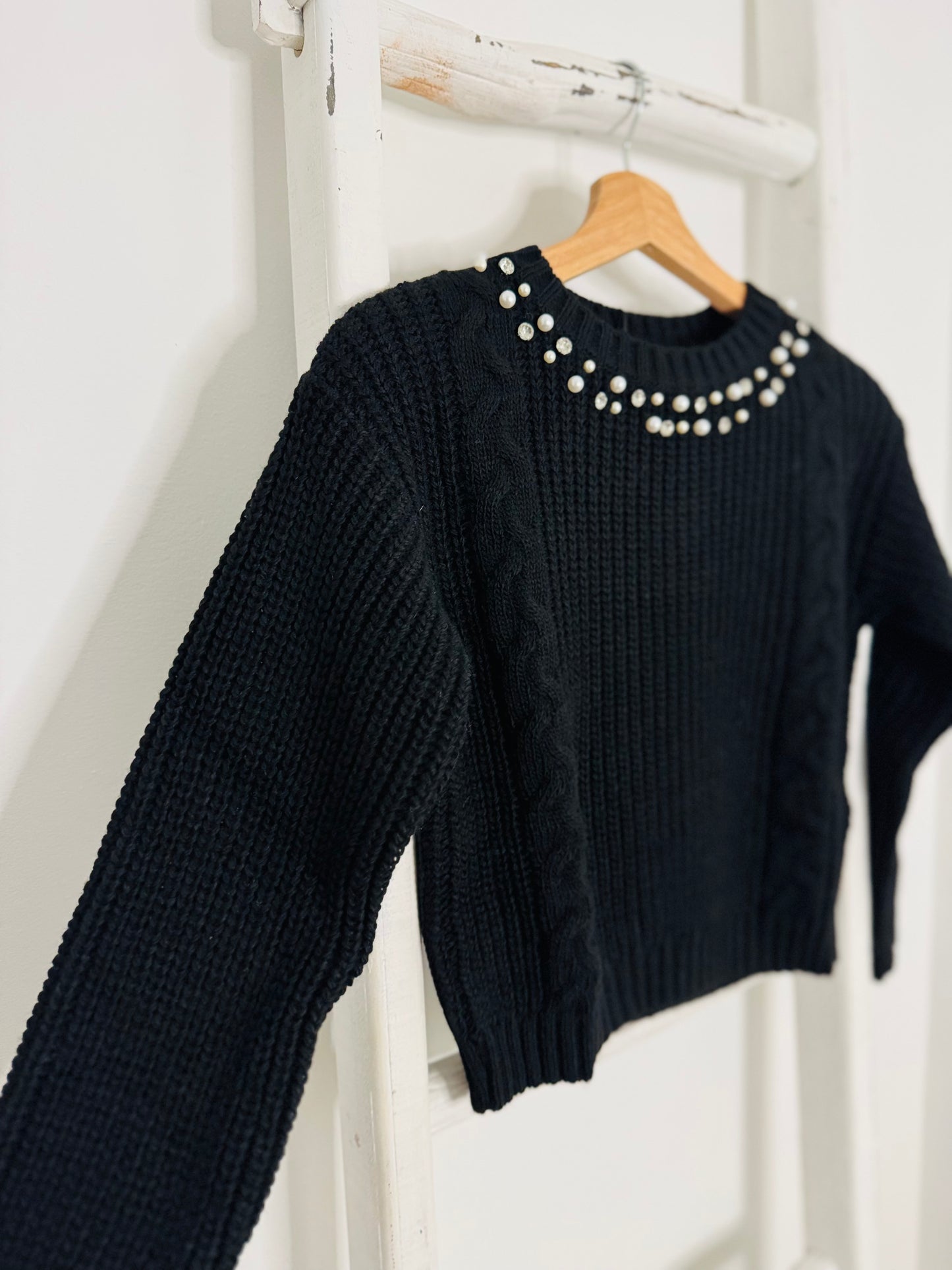 Rhinestones & Pearl Black Sweater