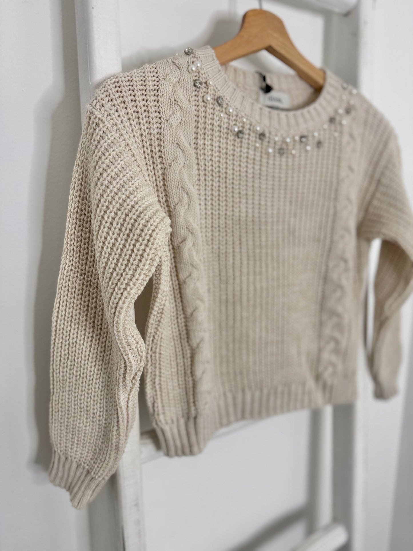 Rhinestones & Pearl Beige Sweater