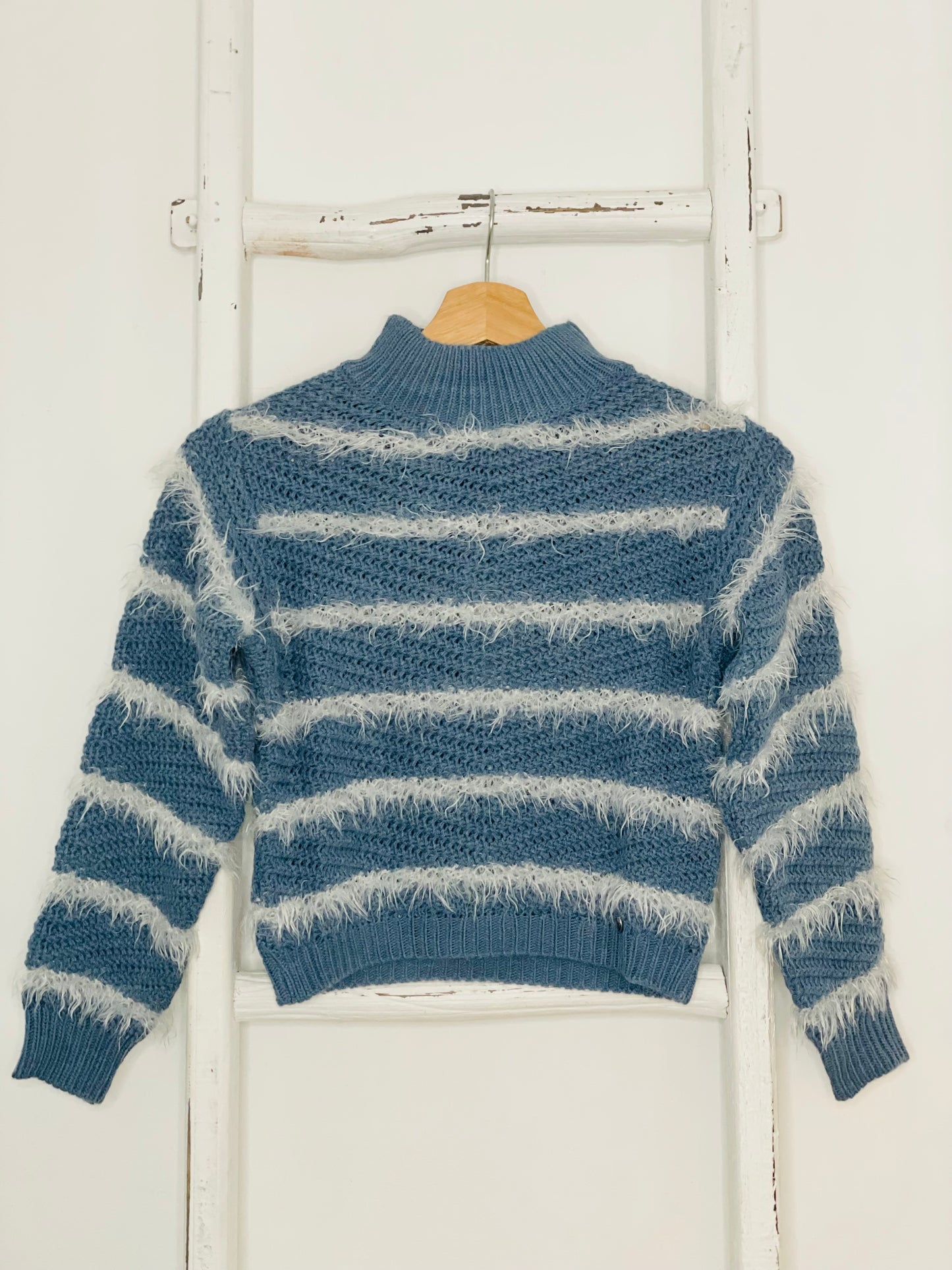 Blue Sweater With White Fur Details