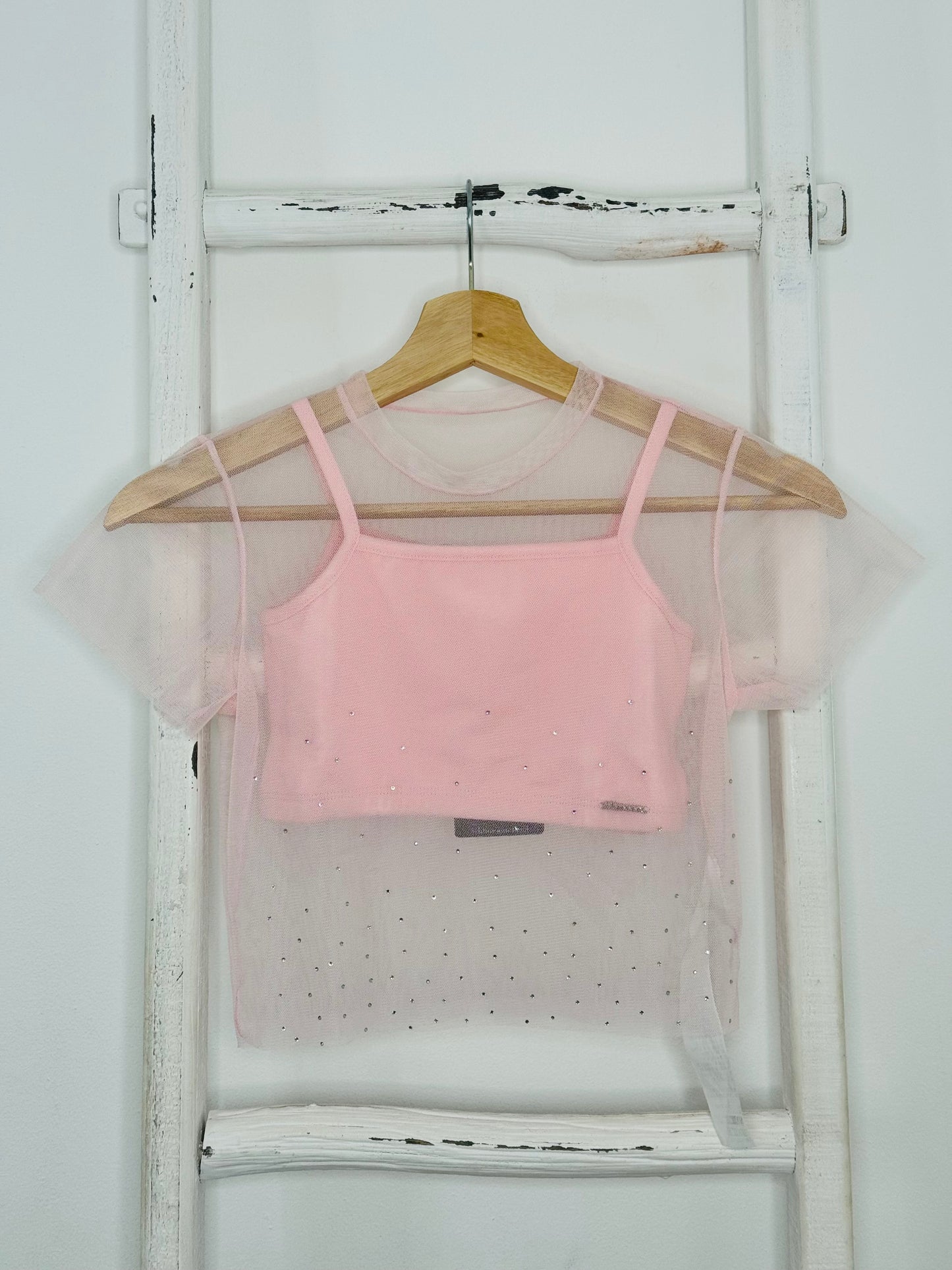 Rhinestones Pink Mesh Top