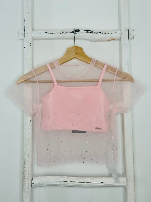 Rhinestones Pink Mesh Top