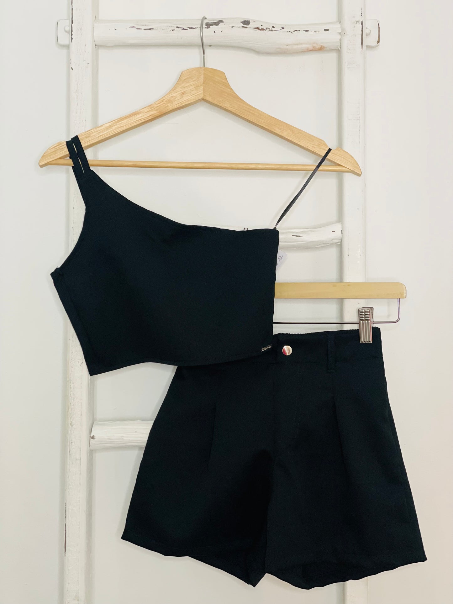 One Shoulder Crop Black Set