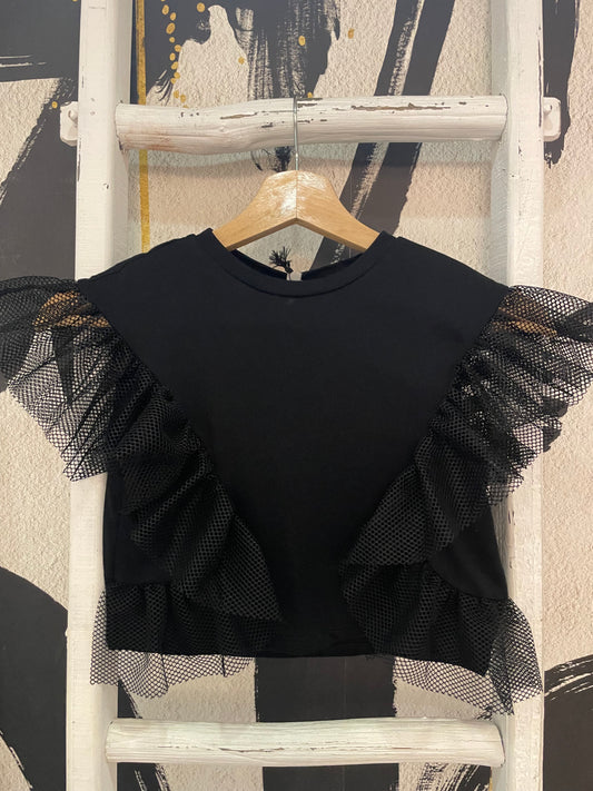 Black Mesh Ruffle Top