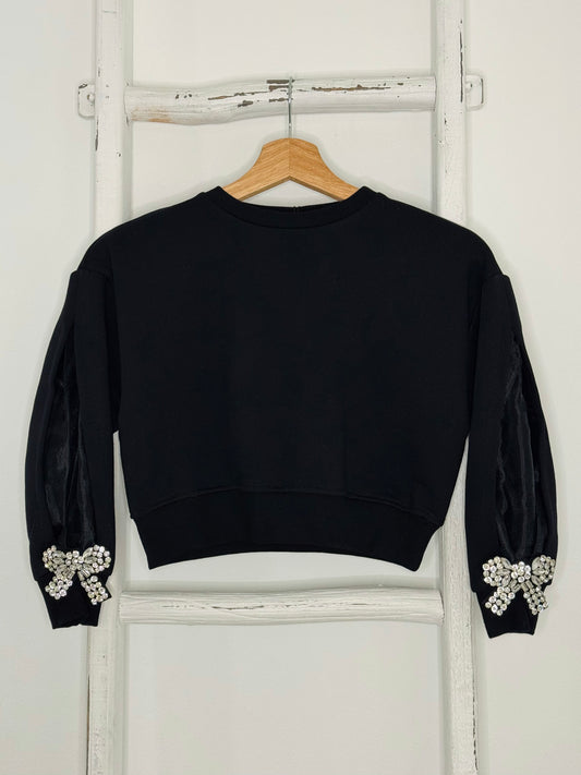 Organza Sleeve Rhinestone Bow