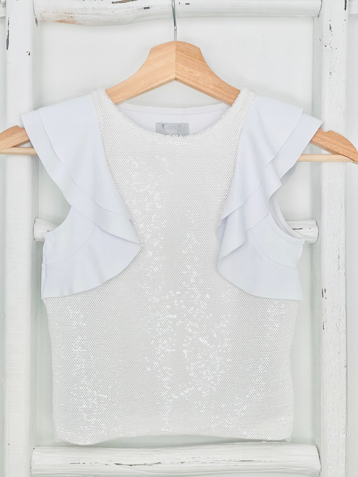 White Sequin Flutter Top