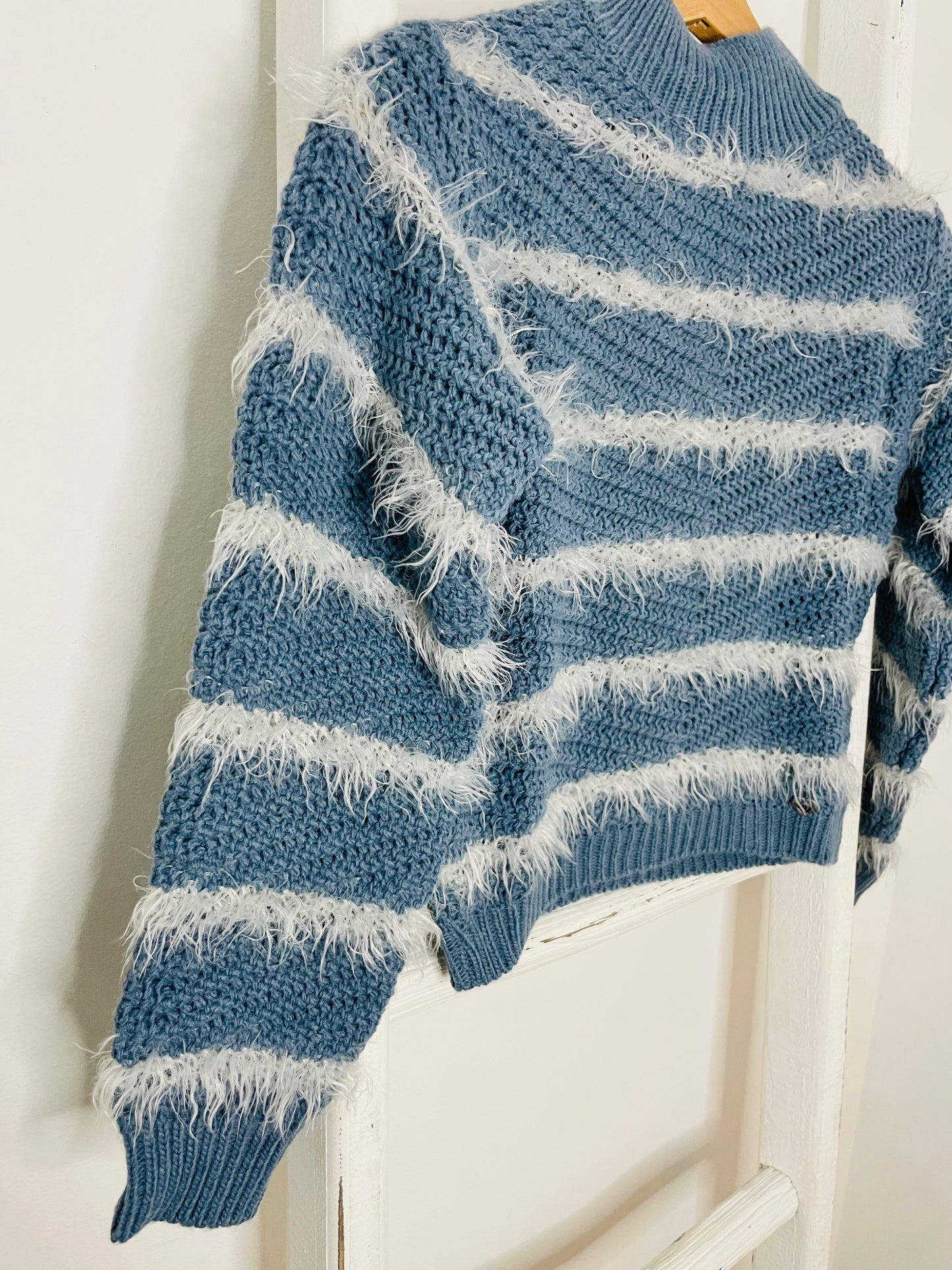 Blue Sweater With White Fur Details