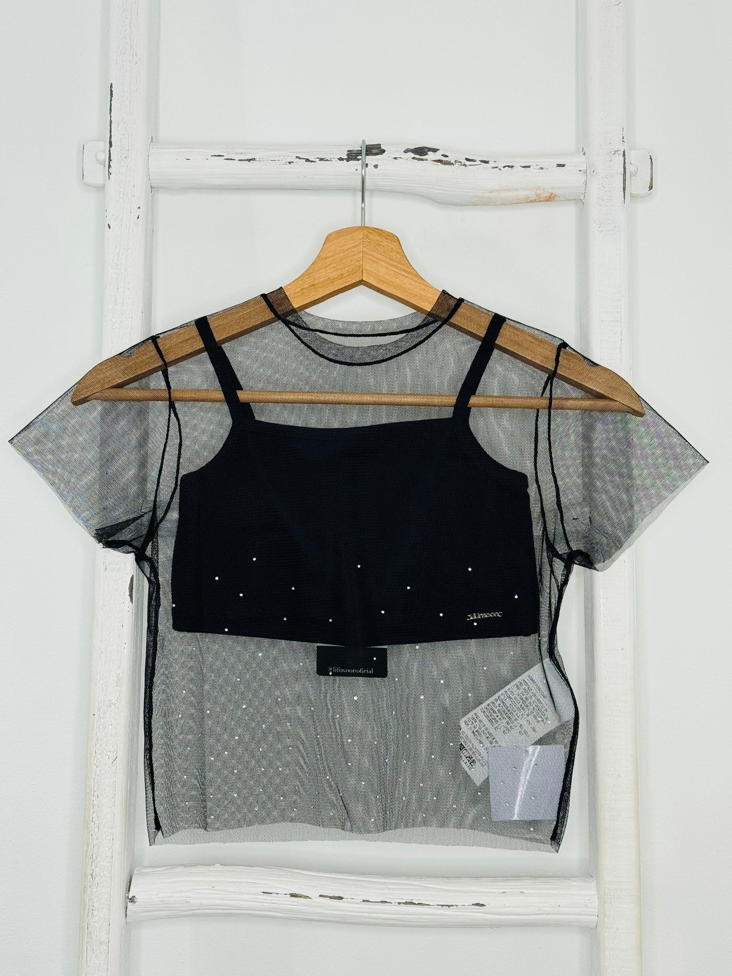 Rhinestones Black Mesh Top