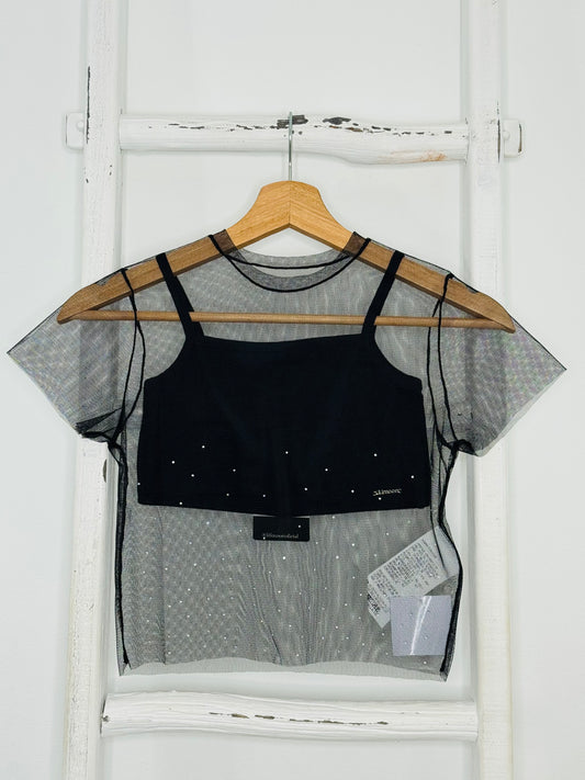 Rhinestones Black Mesh Top