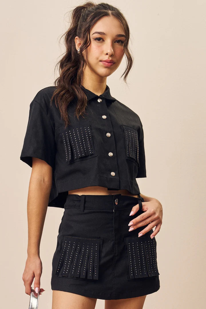 Black Denim Fringe Skirt Set