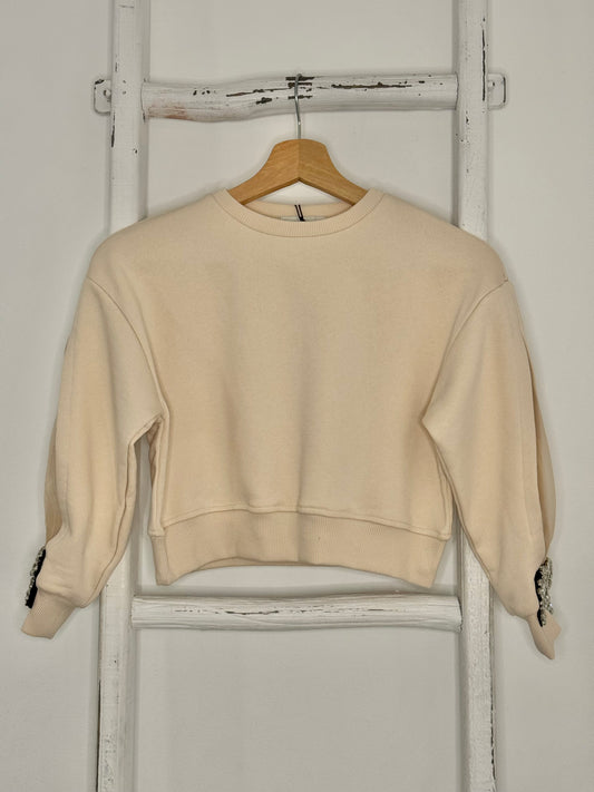 Beige Organza Sleeve Rhinestone Bow