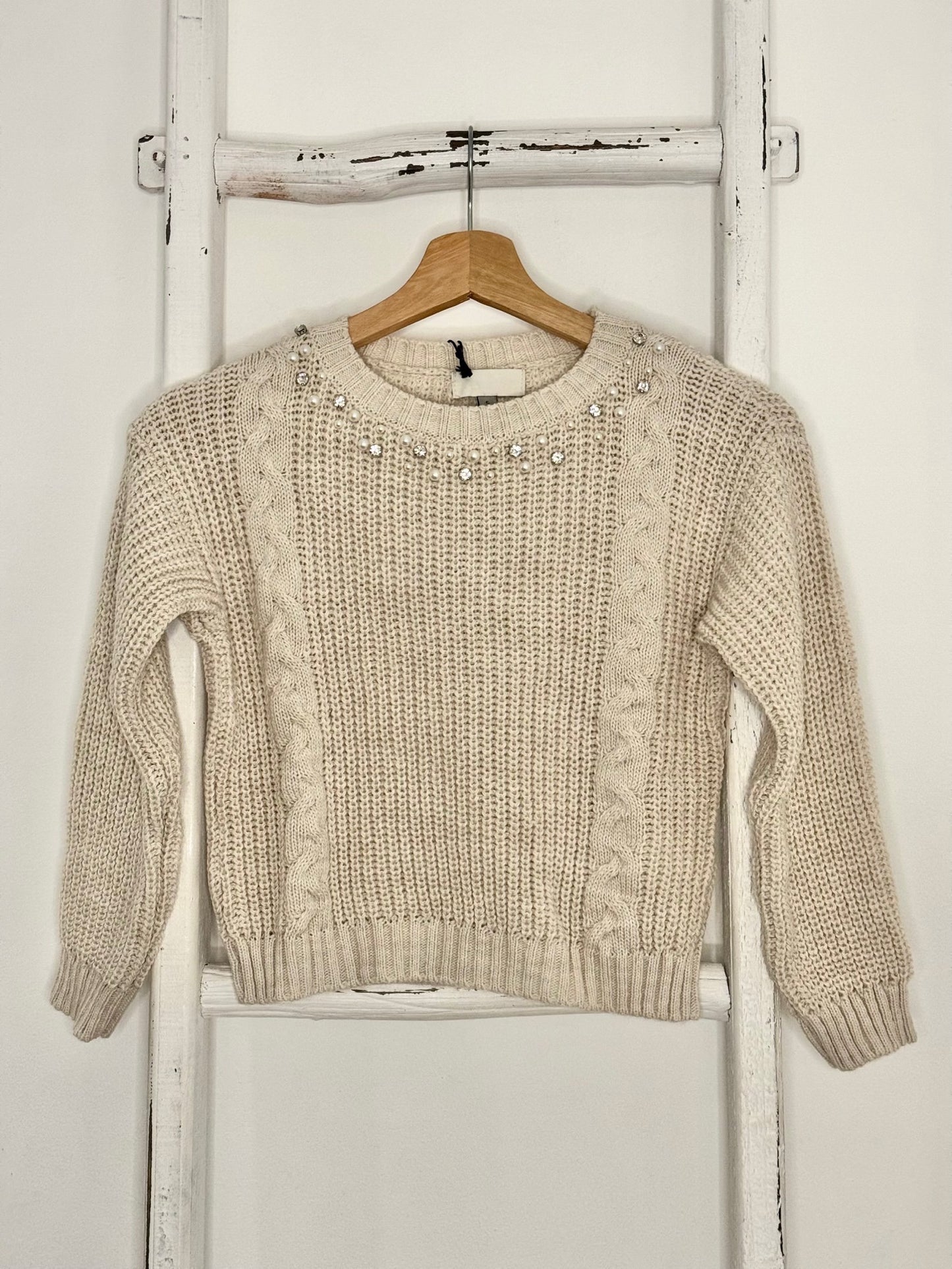 Rhinestones & Pearl Beige  Sweater