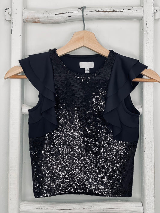 Black Sequin Flutter Top